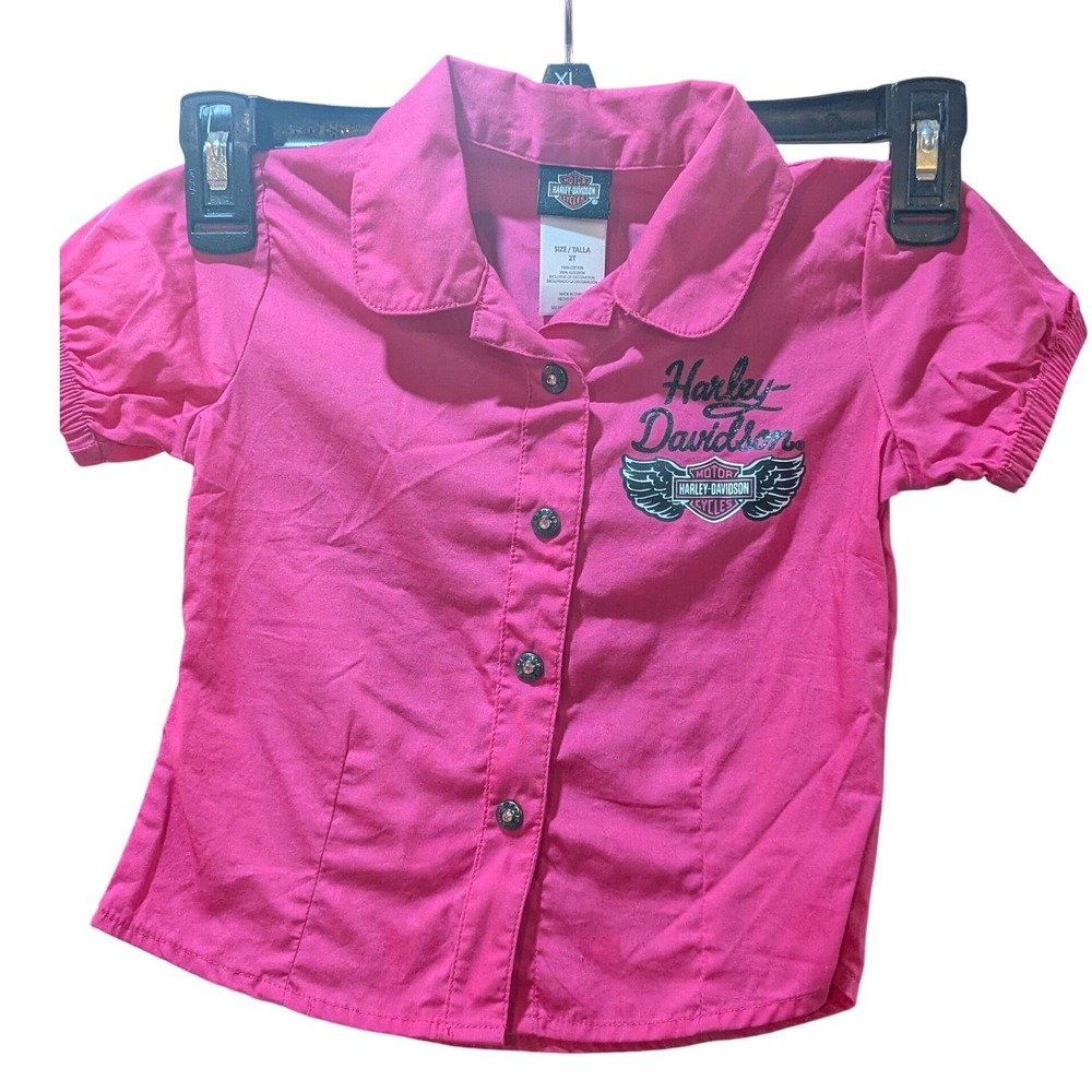 Harley-Davidson Pink Button Up‎ Shirt Sweetest Heart Glitter 2T Biker Princess
